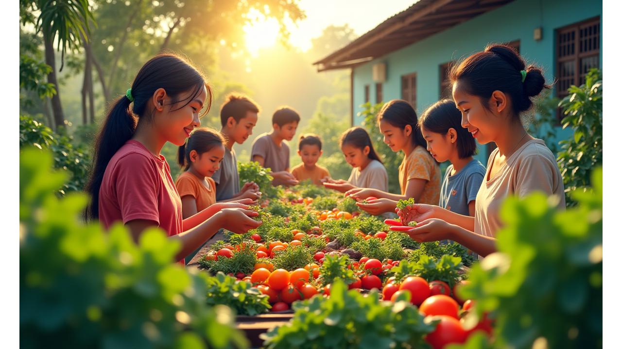 Maraming pamilyang Filipino na nagtatanim o naghahanda ng plant-based na pagkain sa isang komunidad na setting, na may maliwanag at masaya na kapaligiran, nagpapakita ng isang malusog na pamumuhay.