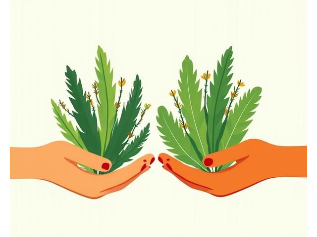 Ilustrasyon ng dalawang kamay na magkasama, ang isa ay may mga dahon ng halaman at ang isa ay may mga pamanang Filipino na nagpapakita ng pagsasama.