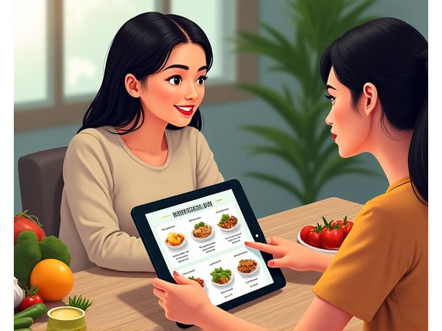 Isang tao na nakaupo sa isang table, nakikipag-ugnayan sa isang nutritionist na nagpapaliwanag ng isang personalized na meal plan na may mga elemento ng Filipino food.