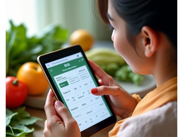 Isang larawan ng isang babae na nag-bo-book ng appointment sa isang tablet, na may background ng sariwang gulay at prutas, sumisimbolo sa plant-based nutrition.