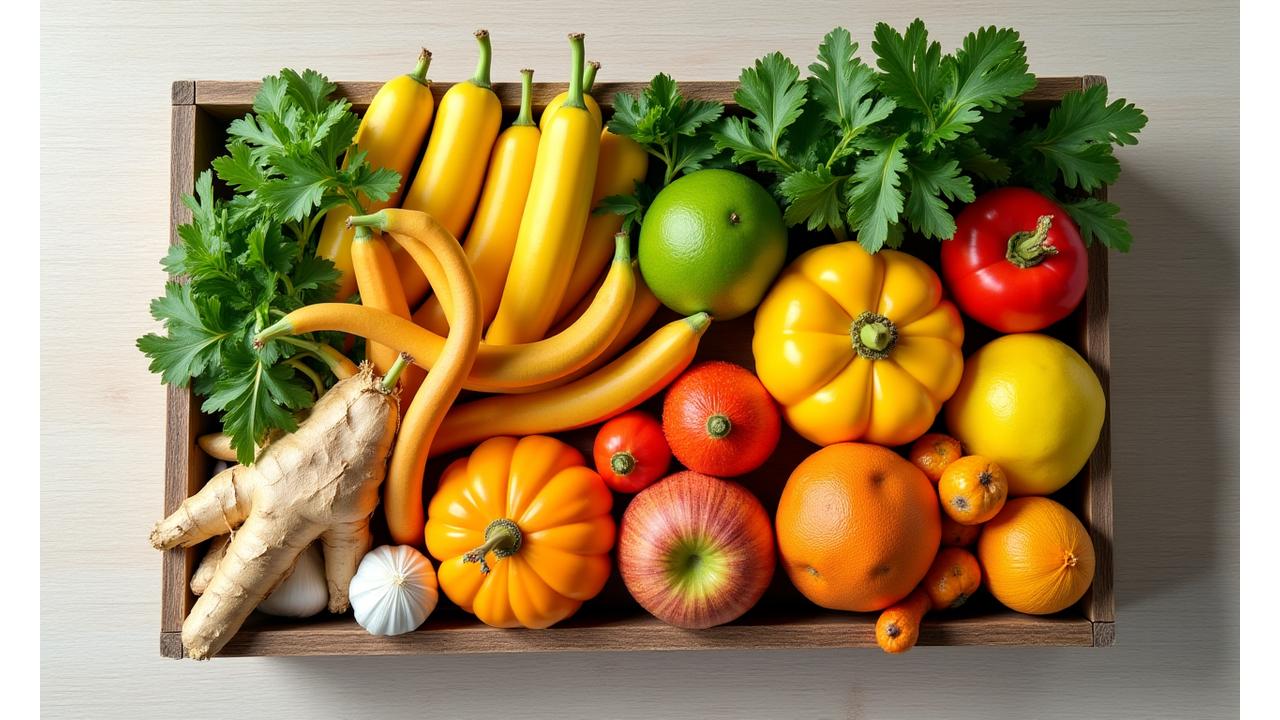 Isang makulay na koleksiyon ng mga sariwang prutas at gulay ng Pilipino, tulad ng malunggay, calamansi, bayabas, saging, at iba pa, sa isang kahoy na lalagyan.