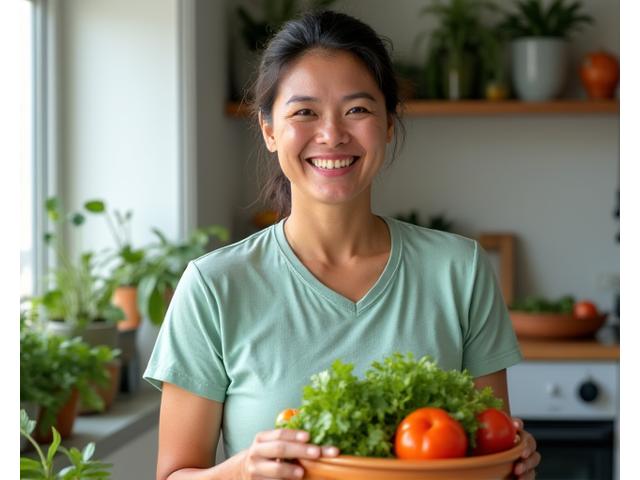 Larawan ni Maria Dela Cruz, isang masayahing Filipina habang naghahanda ng fermented na gulay sa kanyang kusina.