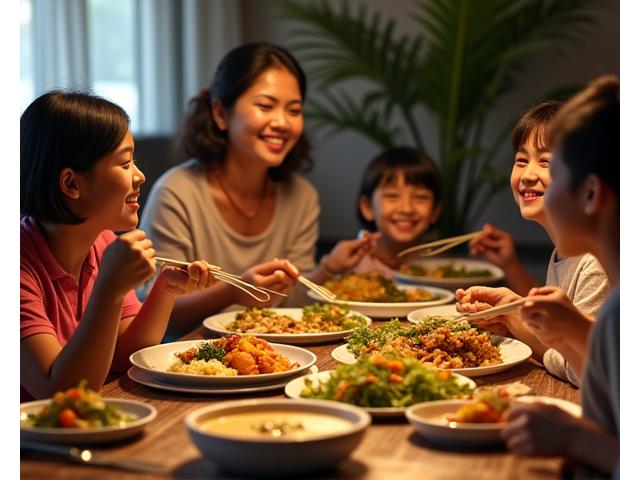 Filipino family enjoying a healthy plant-based meal together