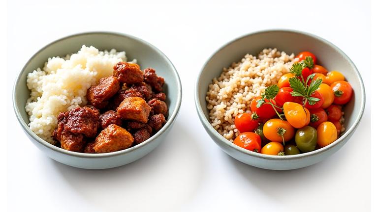 A before and after image of Adobo: traditional oily version vs. a healthier, plant-based version with less oil and more vegetables.
