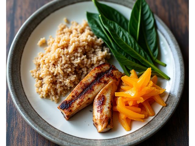 Healthy plate with Filipino food adapted for diabetes, featuring brown rice, grilled fish, and steamed vegetables
