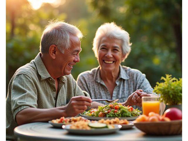 Filipino elderly couple enjoying a heart-healthy plant-based meal outdoors