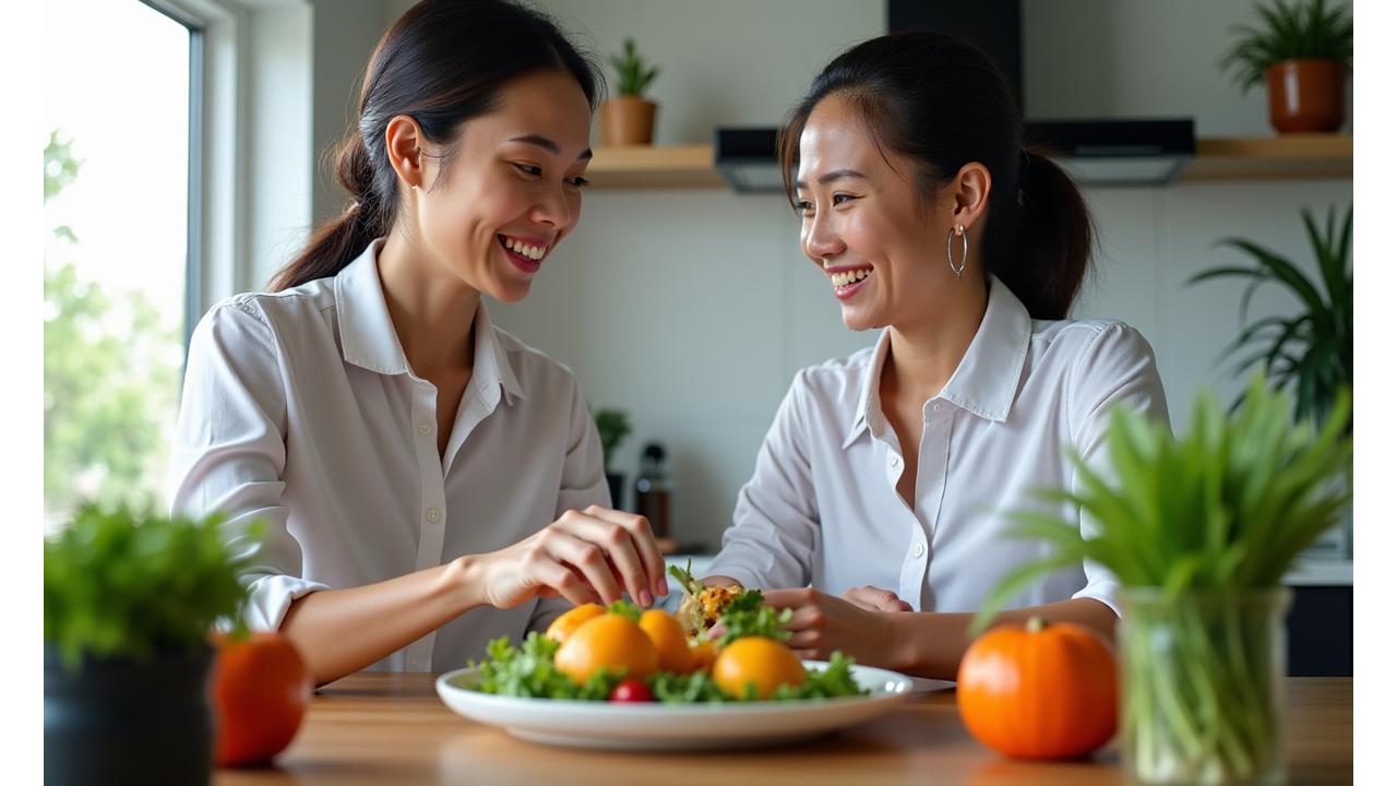 Filipino nutritionist talking to a client about a plant-based meal plan with fresh local ingredients like mangoes and leafy greens