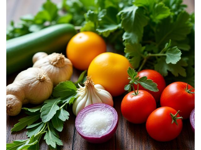 Various fresh vegetables and herbs used in Filipino cuisine, emphasizing low-sodium options