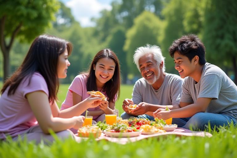 A multi-generational Filipino family sharing a healthy plant-based meal, smiling.