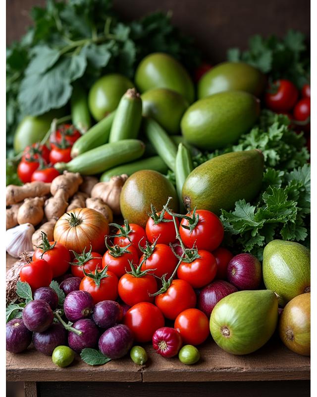 A vibrant market stall overflowing with fresh Filipino produce like okra, ampalaya, malunggay, and various root crops.