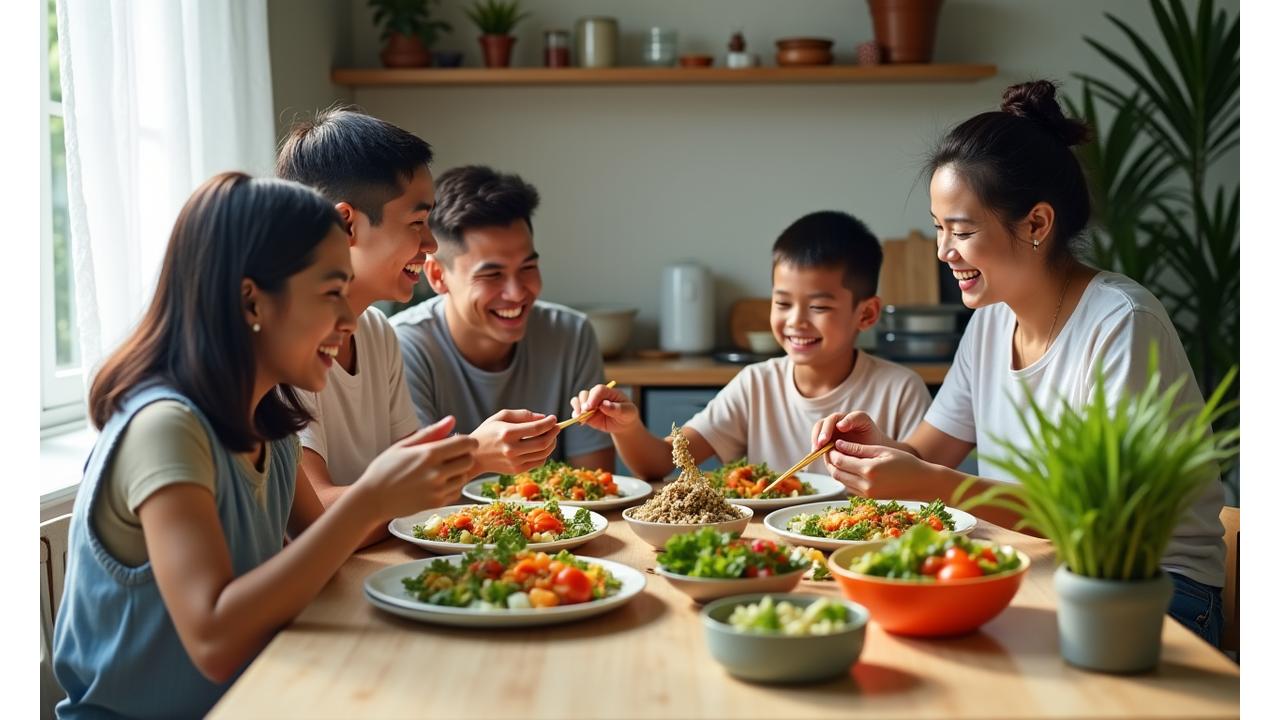 Filipino family enjoying a plant-based meal together, illustrating a balanced diet plan tailored to their needs
