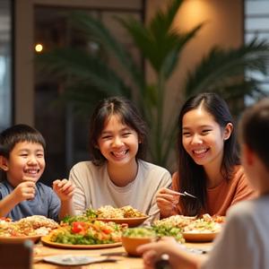 The Santos family, a Filipino family happily eating a plant-based dinner together, showing unity and health