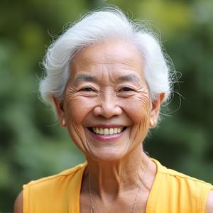 Elena, a Filipino senior, smiling and active after following her plant-based protein plan, looking vibrant