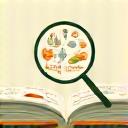 Icon ng isang online recipe database na may magnifying glass at food icons.