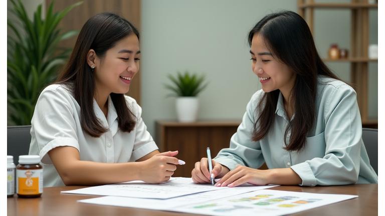 Isang Pilipinong dietitian na nakikipag-usap sa isang kliyente tungkol sa mga suplemento, na may personalized na plano sa table.