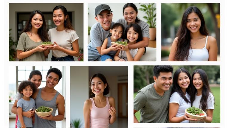 A diverse group of happy Filipino individuals and families, smiling and vibrant, clearly thriving on a plant-based diet, possibly in a testimonial video montage style layout.