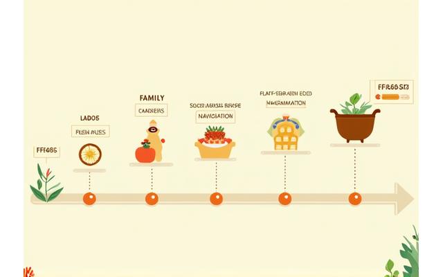 Graphic illustration showing a timeline of a Filipino family's vegan transition, with icons representing traditional meals, family gatherings, and plant-based alternatives and healthy food choices.