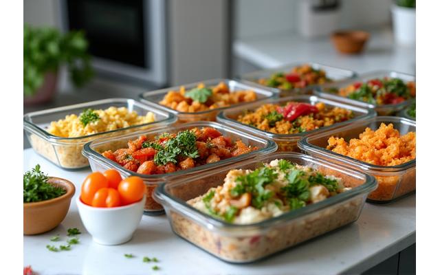 A Filipino family preparing organized meal prep containers with various healthy plant-based dishes for the week, showcasing efficiency and healthy eating.