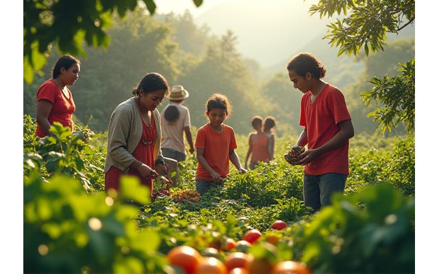 A diverse group of Filipinos involved in community gardening or a local market, showing sustainable practices and an abundance of fresh, locally grown produce, with a subtle hint of green energy or eco-friendly elements.