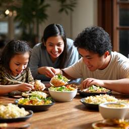 Isang Pilipinong pamilya na nakaupo sa hapag-kainan, nagtatakda ng mga maliliit na portion ng masustansiyang pagkain sa kanilang plato, nagpapakita ng pagkakaisa at kamalayan sa nutrisyon.