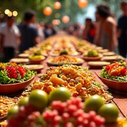 Isang Pilipinong pamilya na nagdiriwang ng pista na may buffet table, ngunit mayroon ding malinaw na masustansiyang opsyon na kitang-kita, nagpapahiwatig ng balanseng selebrasyon.