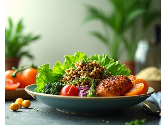 Isang visual representation ng GLP-1 molecule na nakaugnay sa isang plato ng masustansiyang pagkain, nagpapahiwatig ng pag-optimize ng gamot sa pamamagitan ng nutrisyon.