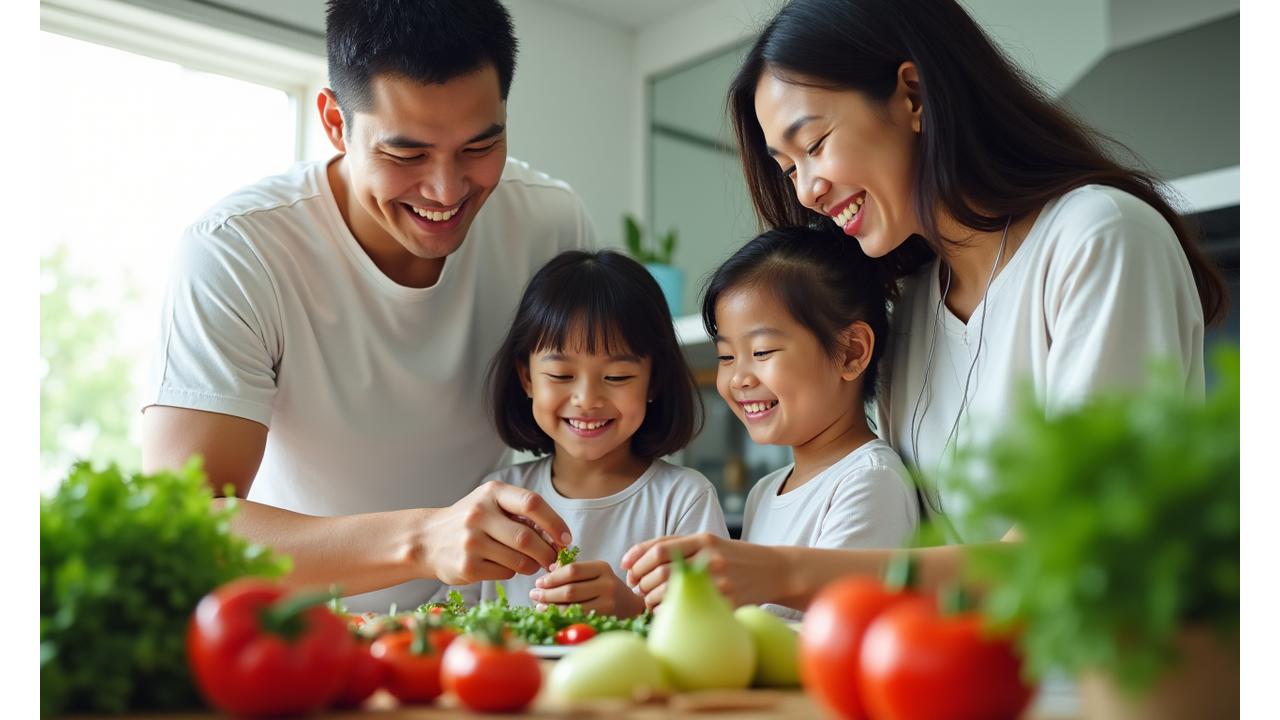 Isang Pilipinong pamilya na masayang naghahanda ng masustansiyang pagkaing gulay sa isang maliwanag na kusina, nagpapakita ng kaligayahan at kolektibong layunin sa pagkontrol ng timbang.