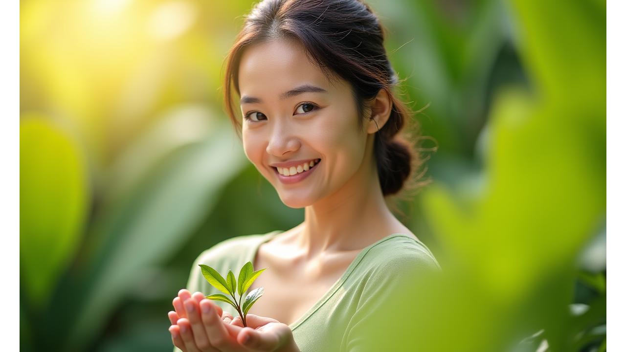 Filipina woman in a serene setting, reflecting peace and health after achieving hormonal balance with plant-based nutrition.