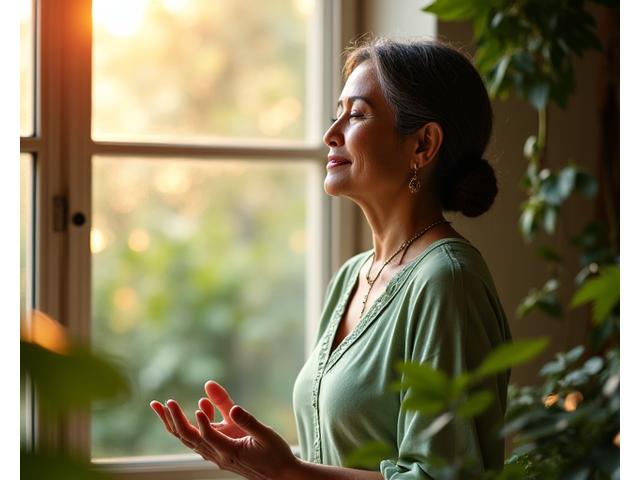Mature Filipina woman, gracefully navigating menopause with serene confidence.