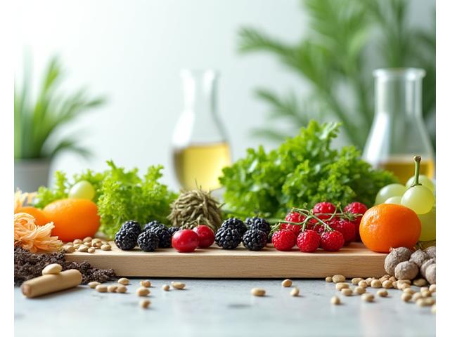 A diverse array of colorful plant-based ingredients, such as herbs, seeds, and vegetables, artfully arranged on a wooden board, symbolizing the science of plant nutrition.